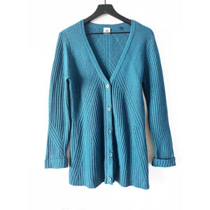 Cabi Teal Textured Rib Knit Button Front Long Cardigan Sweater M